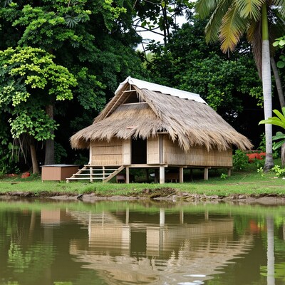 Tropical stilt hut by river