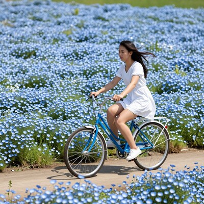 Asian woman cycling in blue flower field