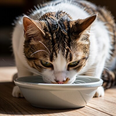 Cat Drinking from Bowl