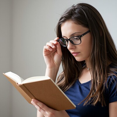 Woman reading book with glasses