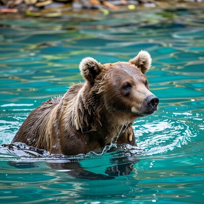 Brown bear swimming in turquoise water
