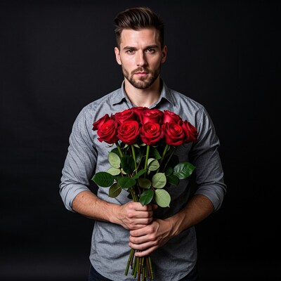Man holding red roses bouquet