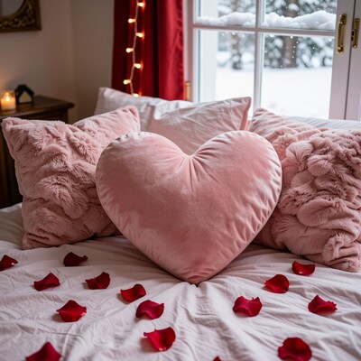 Pink Heart Pillow on Bed