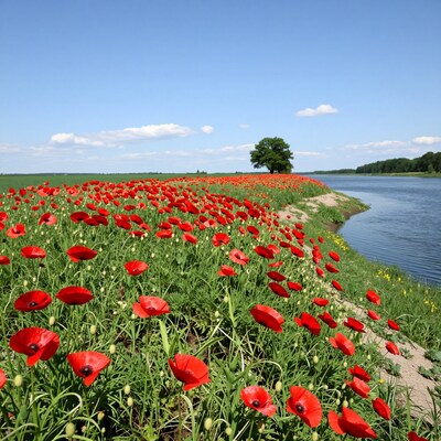 Red Poppy Field by River
