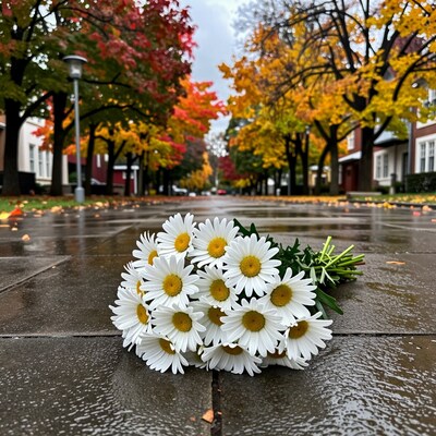 Daisy bouquet on autumn street