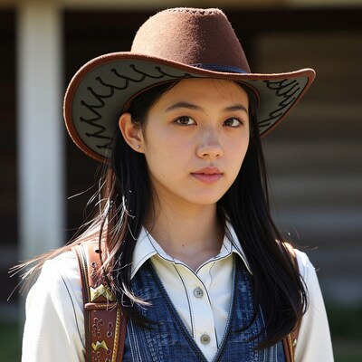 Young Asian woman in cowboy hat