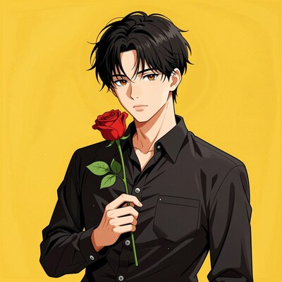 Anime man with red rose
