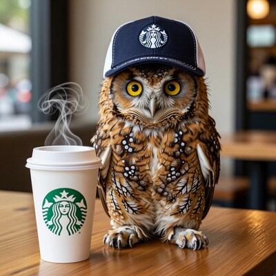 Owl in Starbucks Cap with Coffee