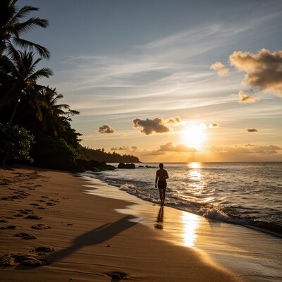 Man walking on tropical beach at sunset