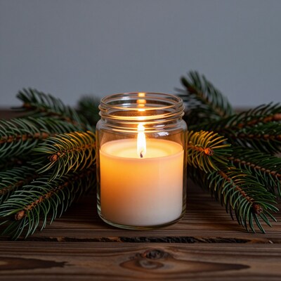 Lit Christmas Candle with Pine Branches