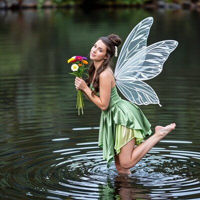 Fairy Woman in Green Dress by Lake