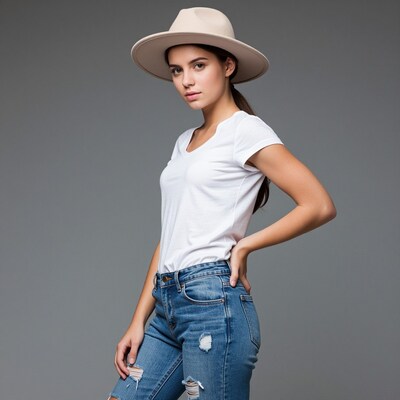 Woman in white t-shirt and hat