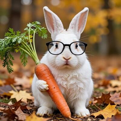 White Rabbit with Glasses Holding Carrot