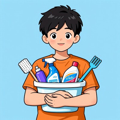 Boy holding cleaning supplies bucket
