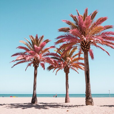 Pink Palm Trees on Beach
