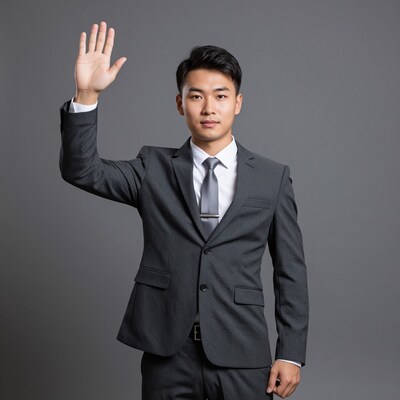 Asian man in suit waving