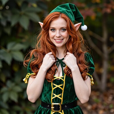 Redhead woman in Christmas elf costume