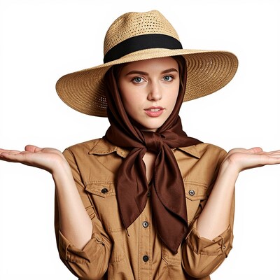 Woman in straw hat shrugging