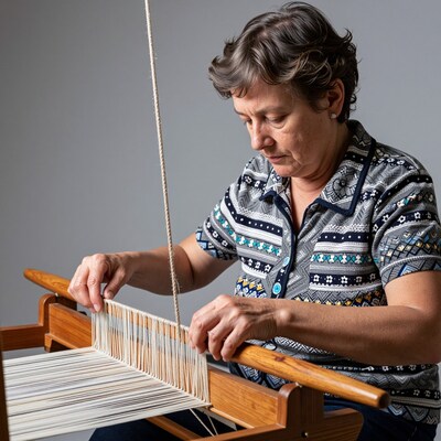 Woman weaving on wooden loom
