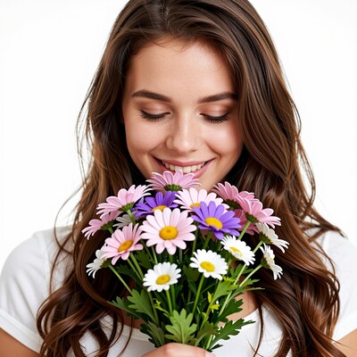 Woman smelling colorful daisies