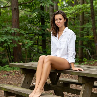 Young woman on picnic table in forest