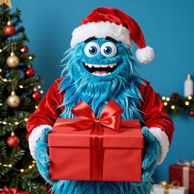 Blue Monster Santa Holding Christmas Gift