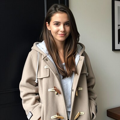 Young woman in beige duffle coat