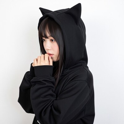 Asian woman in black cat ear hoodie