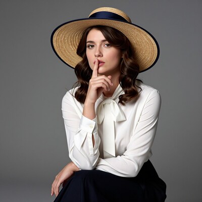 Woman in straw hat shushing