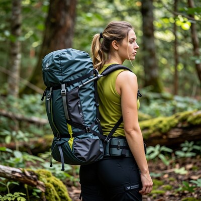 Woman Hiking with Backpack in Forest