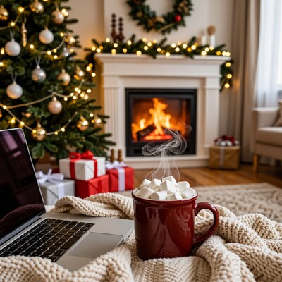Christmas cozy laptop hot chocolate