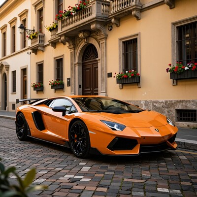 Orange Lamborghini Aventador on cobblestone street
