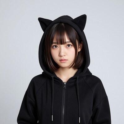 Japanese girl in black cat ear hoodie