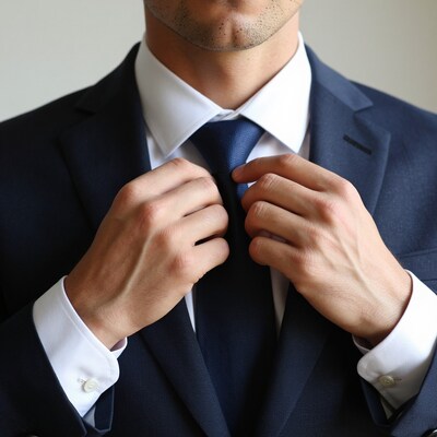 Man adjusting navy tie