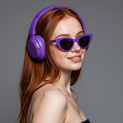 Redhead woman in purple headphones and sunglasses