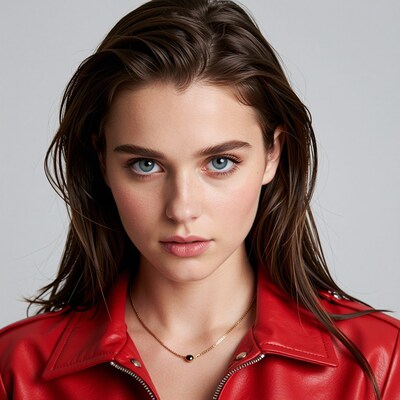 Woman in red leather jacket