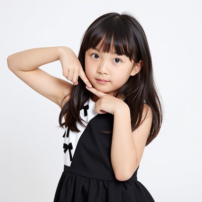 Cute Asian girl pointing at cheek