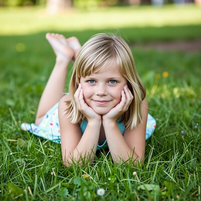 Blonde girl lying on grass