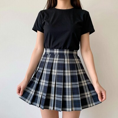 Woman in Black T-Shirt and Plaid Pleated Skirt