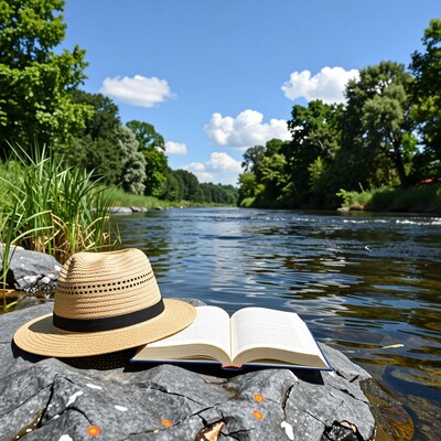 Book and hat by river