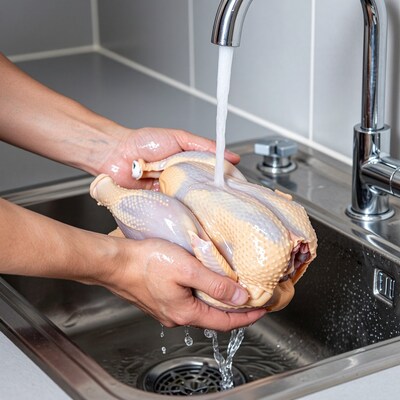 Washing raw chicken in sink