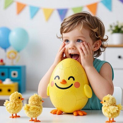 Toddler boy with Easter chick egg toy