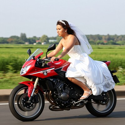 Bride on Red Motorcycle