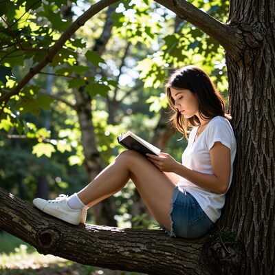 Young woman reading book in tree