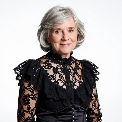 Elderly woman in black lace blouse