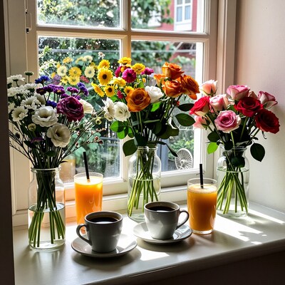 Window sill with flower vases and coffee