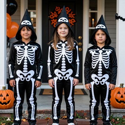 Kids in skeleton Halloween costumes