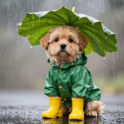 Cute Puppy in Raincoat with Leaf Umbrella