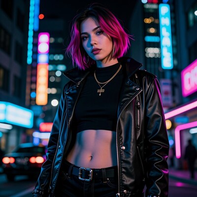 Woman with pink hair in neon city