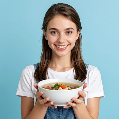Smiling girl holding soup bowl